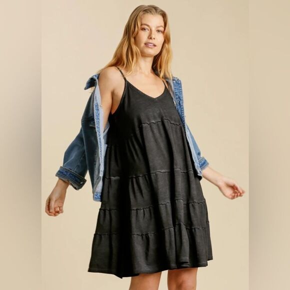 Umgee 100% Cotton Moonlit Walk Tiered Dress - Charcoal Large - Picture 1 of 9